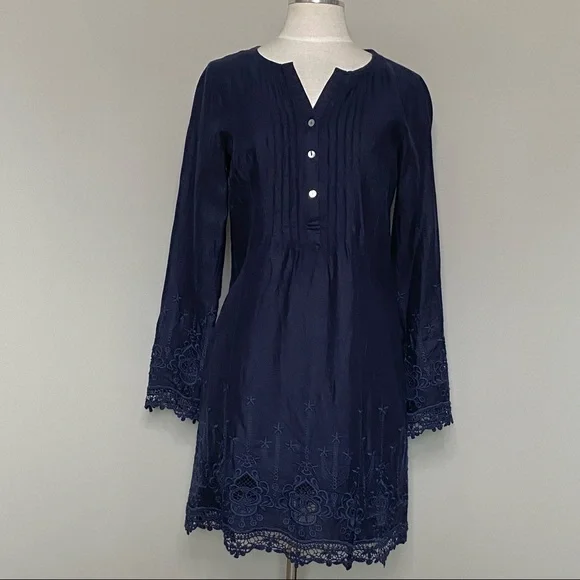 Malvin 100% Linen and Lace Trim Navy Embroidered Dress, Size Small 6 - Picture 1 of 11